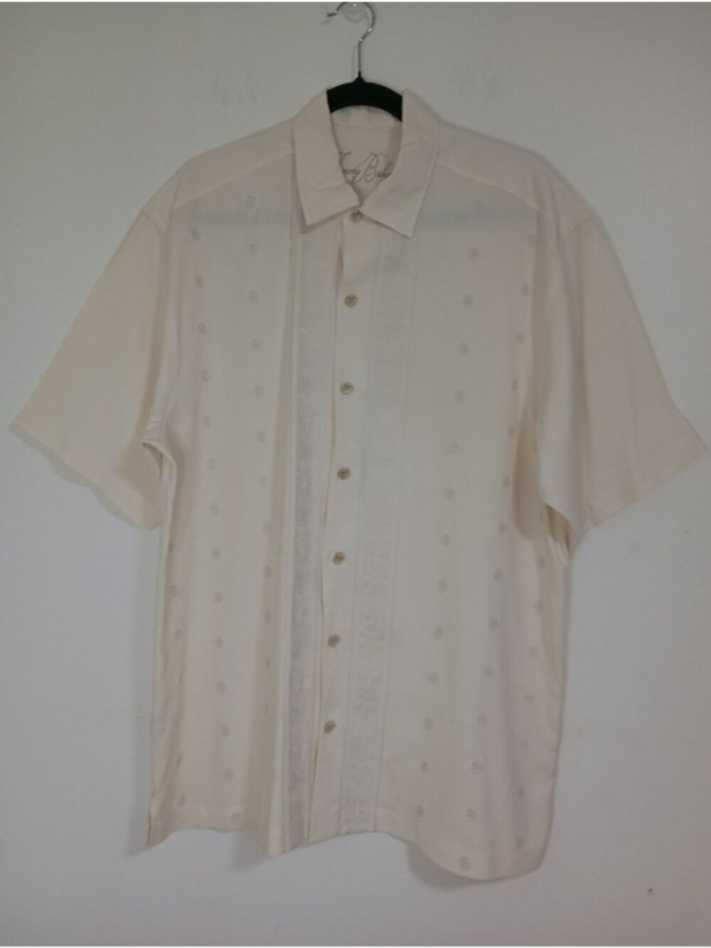 Tommy Bahama Mens 100% Silk Shirt Beige Embroidered Short Sleeve Size L